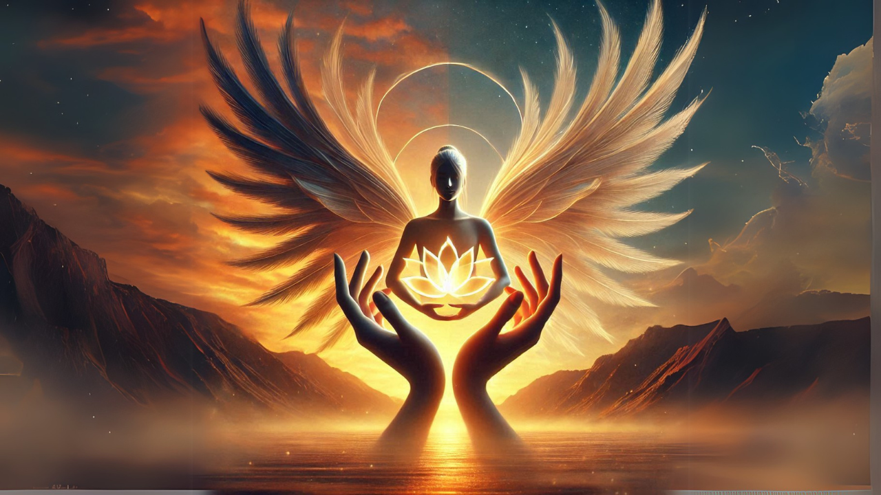 Phoenix Rising Mastermind with wings, lotus, and a pair of hands to show the serenity and great aspect towards 2025 Phoenix Rising Mastermind with wings, lotus, and a pair of hands to show the serenity and great aspect towards 2025